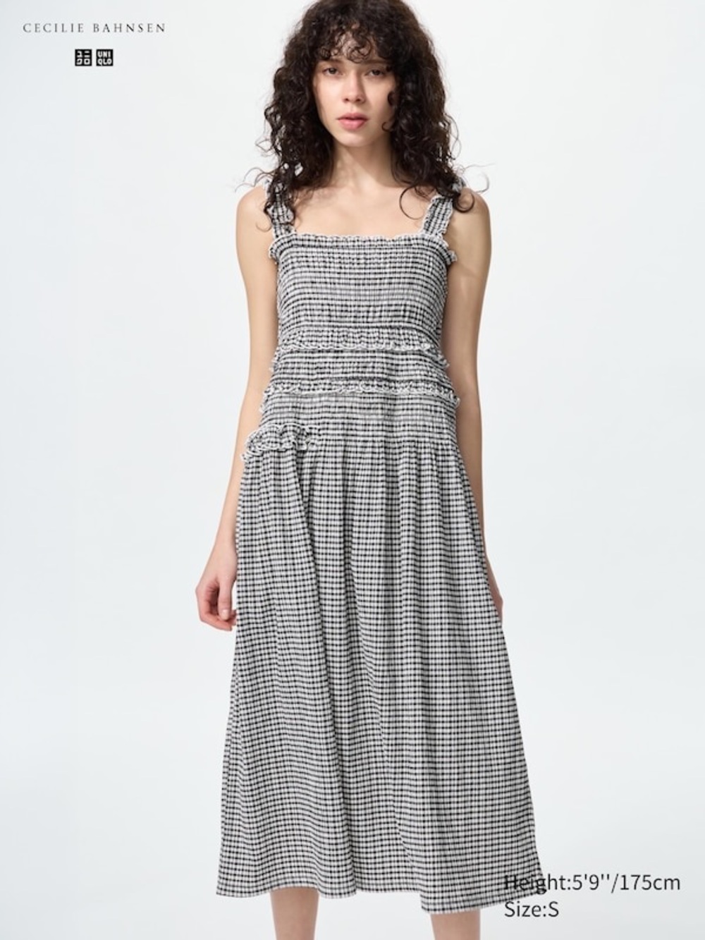 NWT Uniqlo x Cecilie Bahnsen Black White Gingham Smocked Shirring Dress Size XS